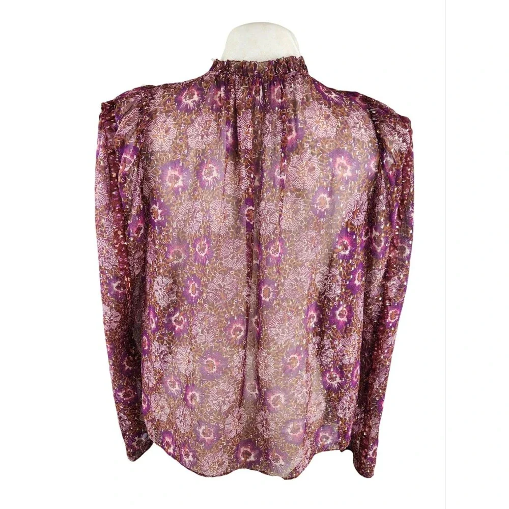 Ulla Johnson Marilla Blouse Silk Floral Sheer Ruffle Metallic Pink Top 8